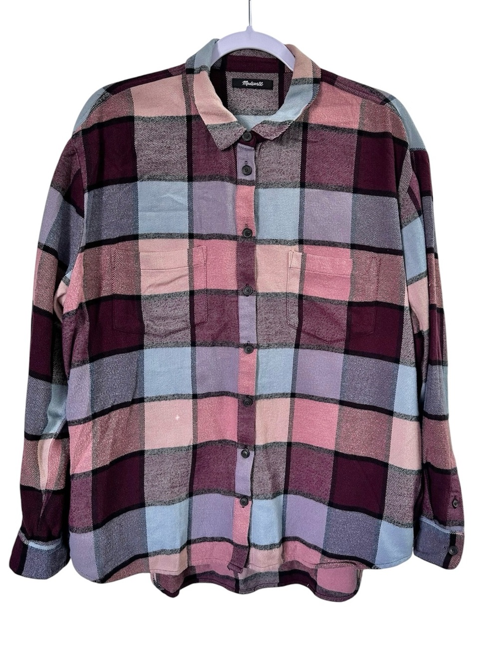 Madewell Burgundy Pink Plaid Button-Up Shirt Women’s Size XL | Oversized Flannel